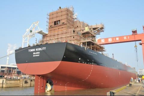 The first of three Kamsarmaxes on order for Tomini Shipbuilding was launched on 8 November at Taizhou Kouan Shipbuilding in China.